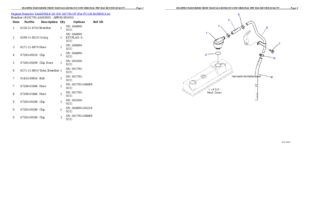 SAA4D95LE-5D S/N 501795-UP (For PC130-8) Partsbook