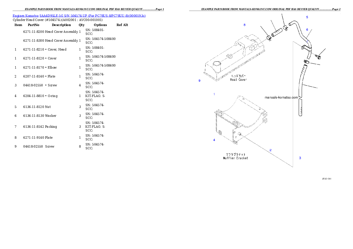 SAA4D95LE-5G S/N 504574-UP (For PC78US-8/PC78UU-8) Partsbook