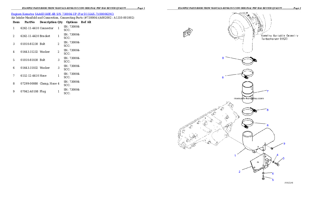 SAA6D140E-6B S/N 730004-UP (For D155AX-7) Partsbook