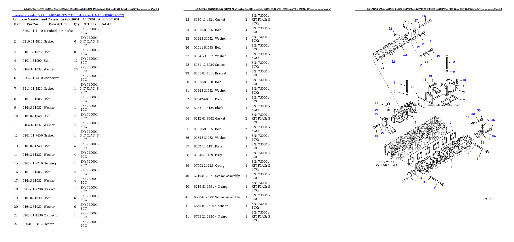 SAA6D140E-6A S/N 730001-UP (For HM400-3) Partsbook