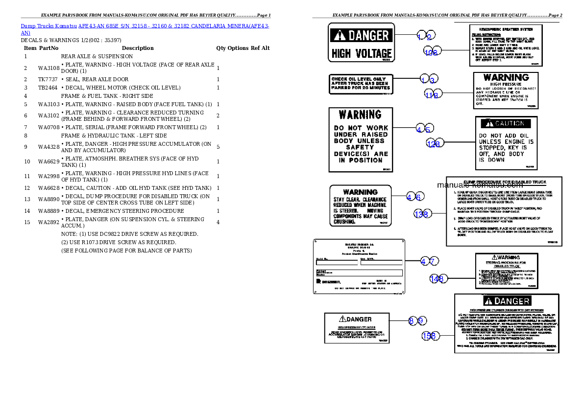AFE43-AN 685E S/N 32158 - 32160 & 32182  CANDELARIA MINERA Partsbook