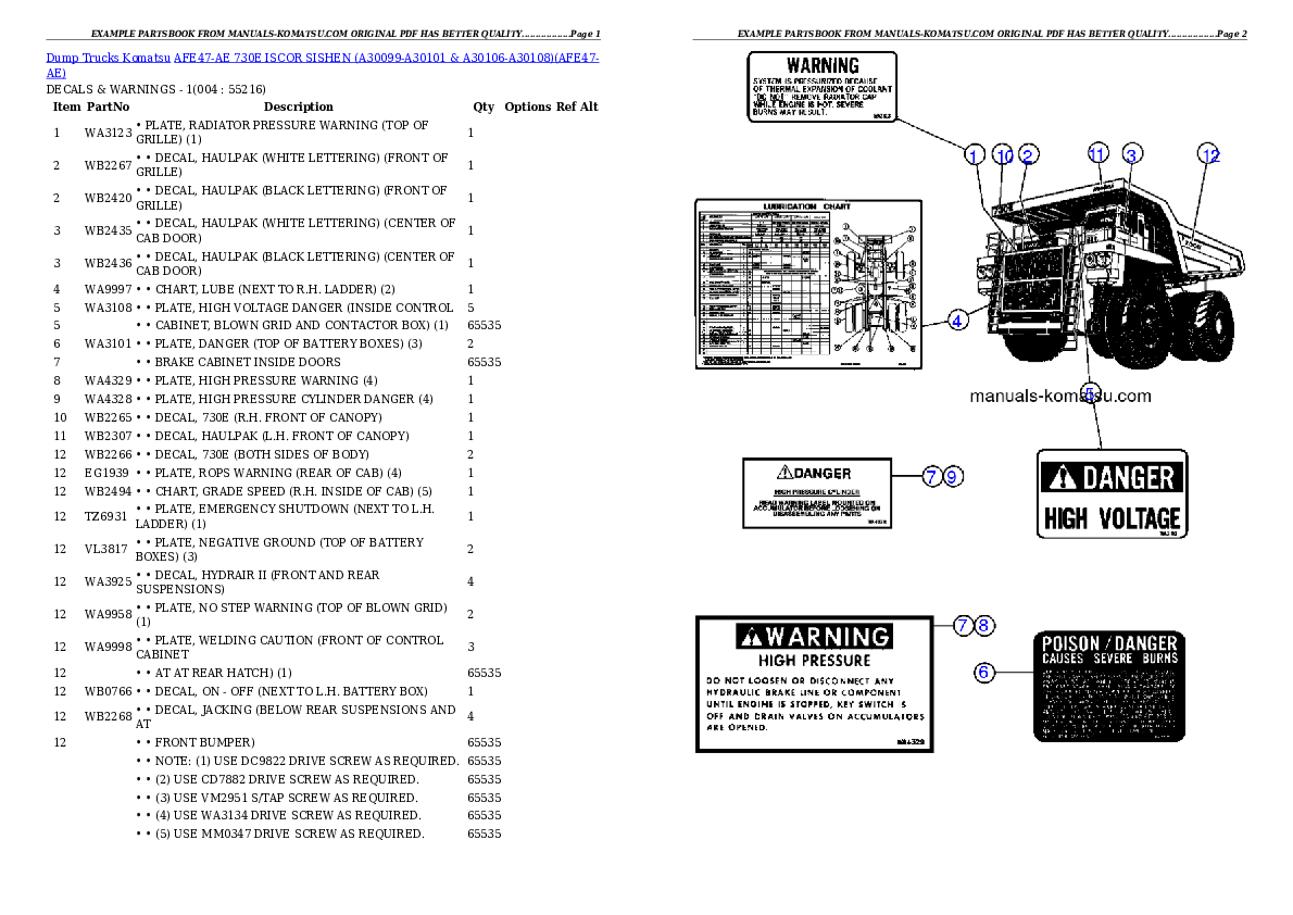 AFE47-AE 730E                 ISCOR SISHEN (A30099-A30101 & A30106-A30108) Partsbook