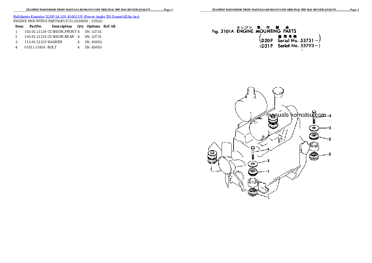 D20P-5A S/N 45003-UP (Power Angle Tilt Dozer) Partsbook