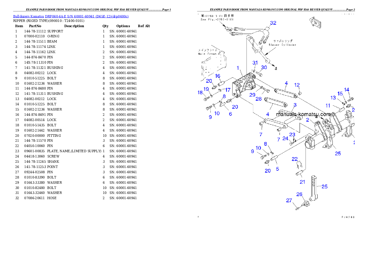 Protected: DRP060-4A-E S/N 60001-60941 (D65E-12) Partsbook