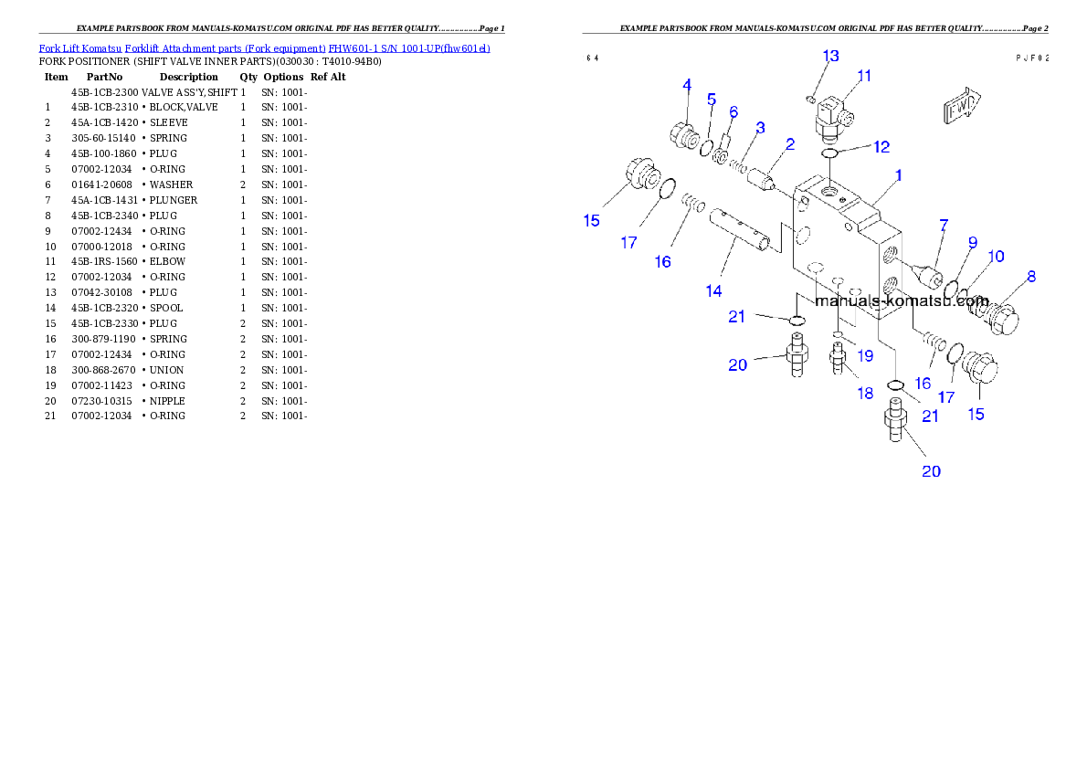 FHW601-1 S/N 1001-UP Partsbook