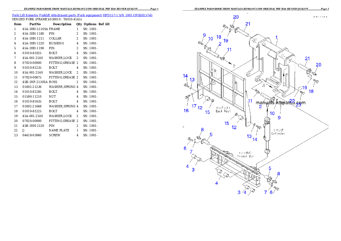 HFD157-1 S/N 1001-UP Partsbook