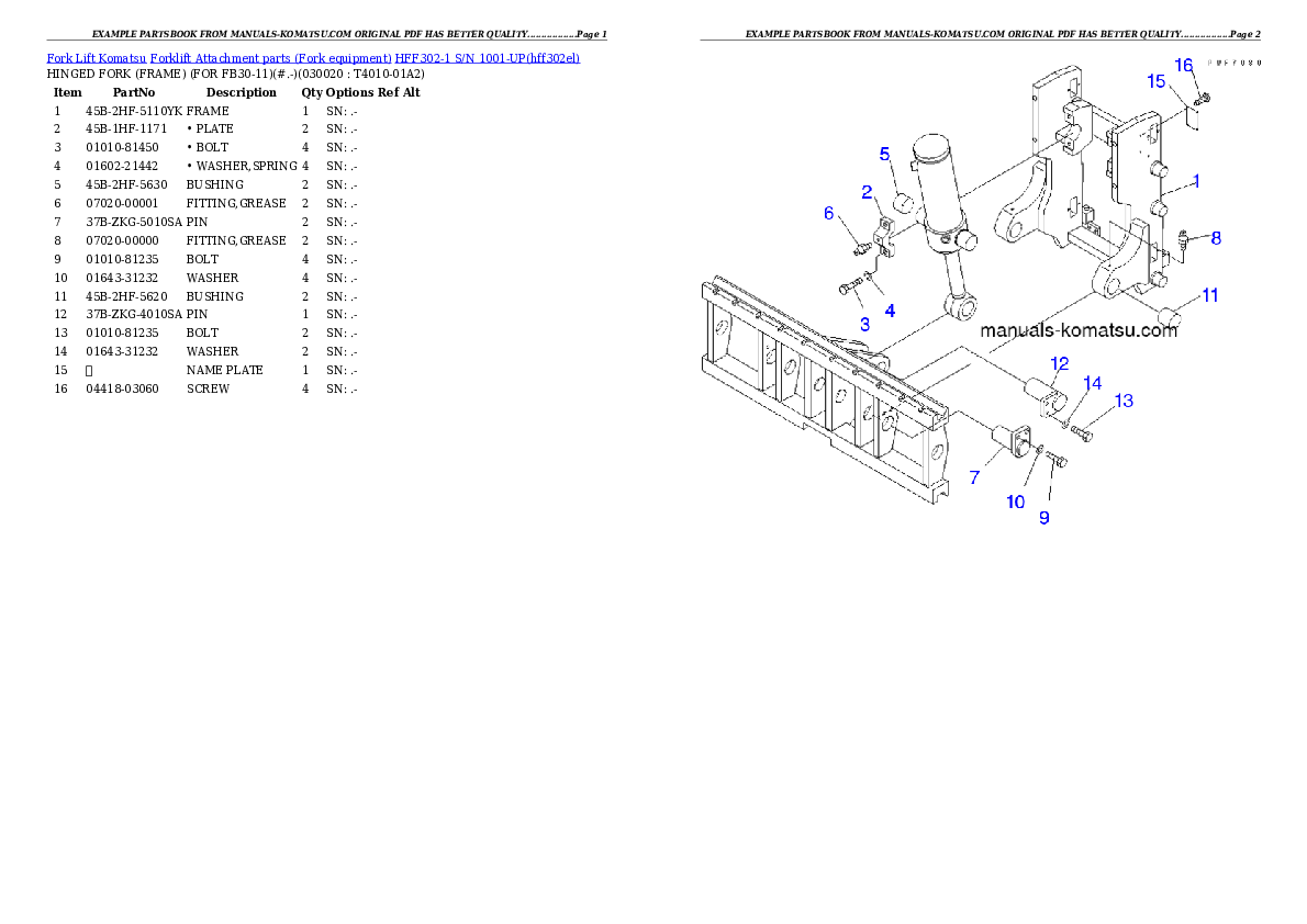 HFF302-1 S/N 1001-UP Partsbook