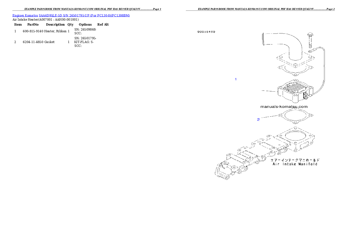 Protected: SAA4D95LE-5D S/N 26501795-UP (For PC130-8) Partsbook