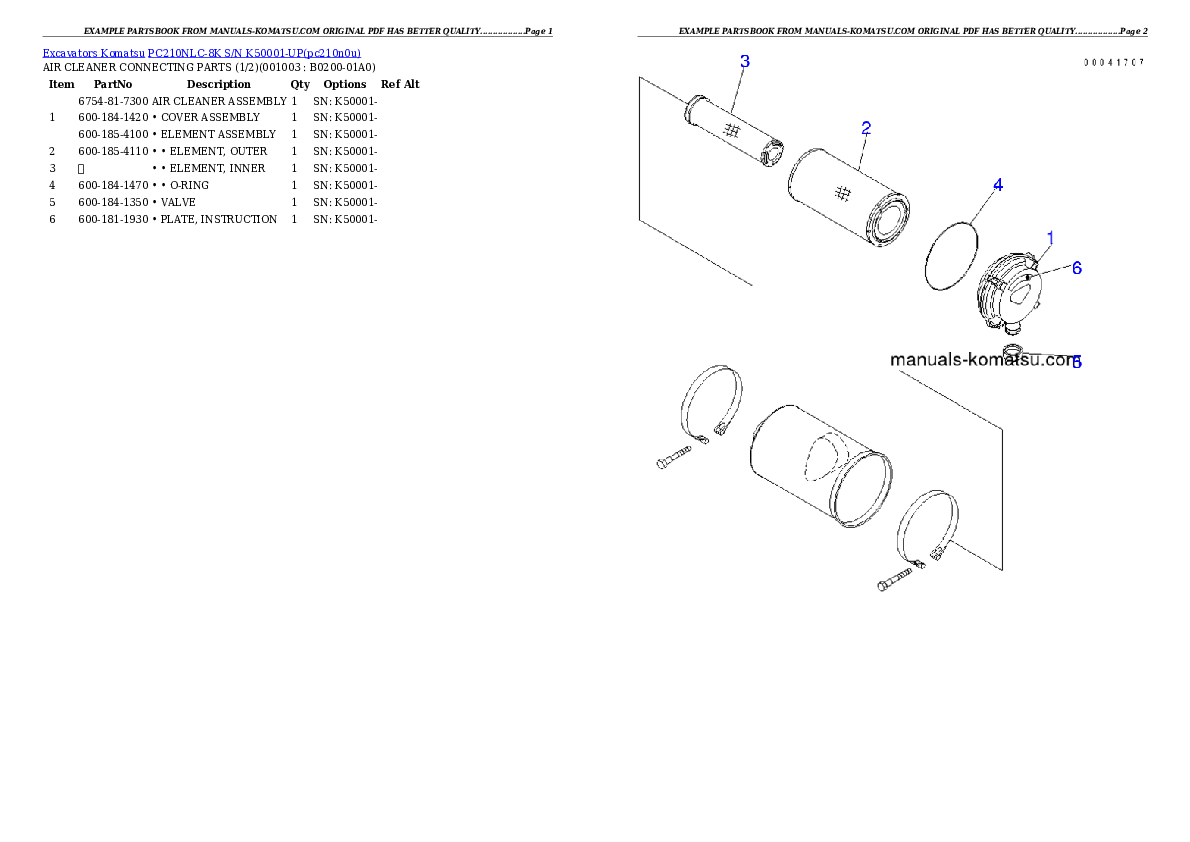 PC210NLC-8K S/N K50001-UP Partsbook