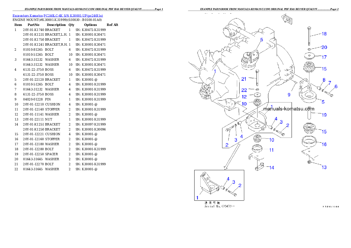 PC240LC-6K S/N K30001-UP Partsbook