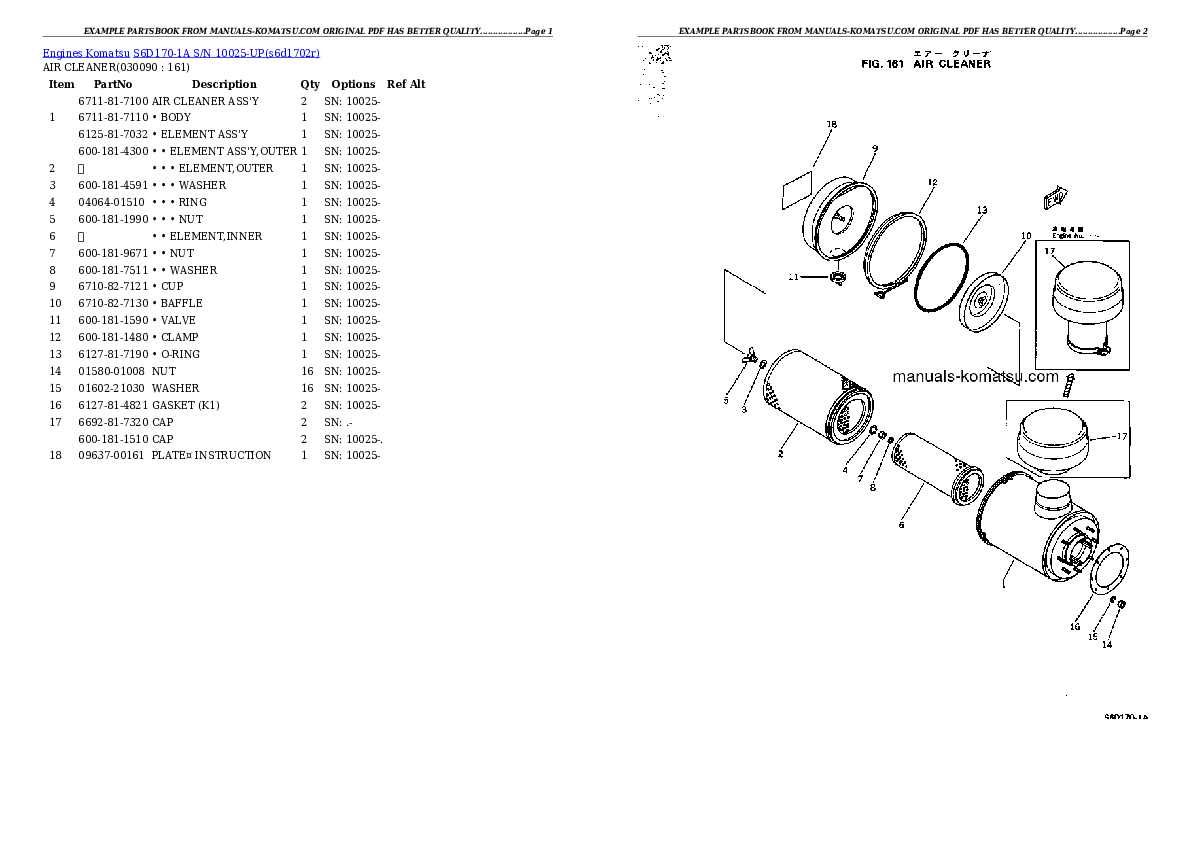 Protected: S6D170-1A S/N 10025-UP (Komatsu eng. Installed) Partsbook