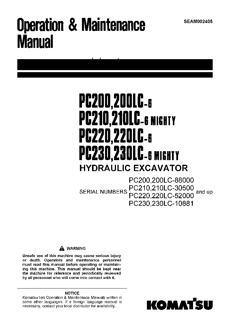 PC220-6(JPN) S/N 52000-52851 Operation manual (English)