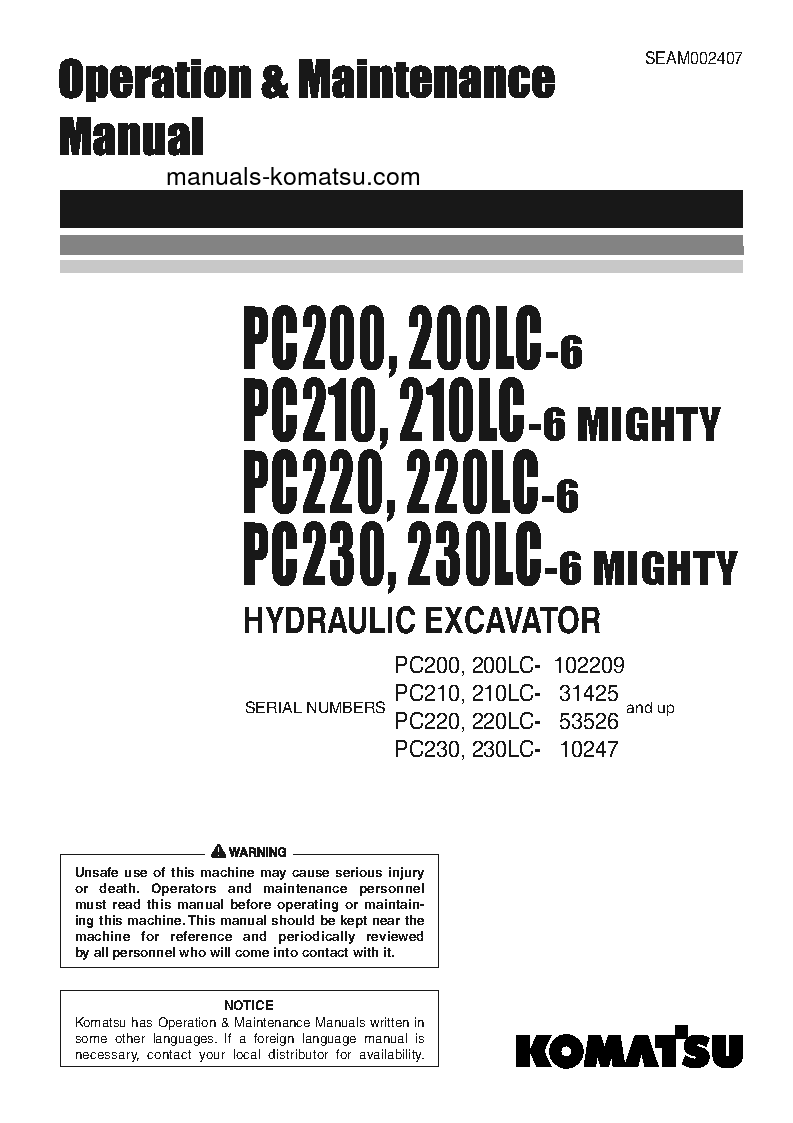 PC220-6(JPN) S/N 53526-53561 Operation manual (English)