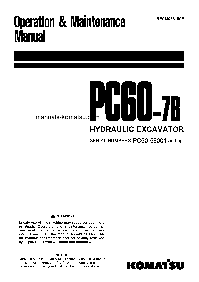 PC60-7(JPN)-W/ FRONT BLADE S/N 58001-UP Operation manual (English)