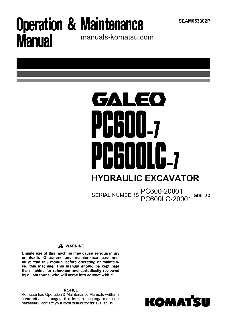 PC600-7(JPN) S/N 20001-20104 Operation manual (English)