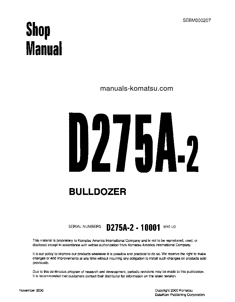 D275A-2(JPN) S/N 10001-UP Shop (repair) manual (English)