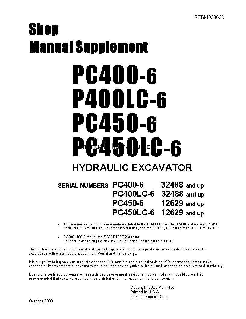 PC450LC-6(JPN)-EMISSION ENG S/N 12629-UP Shop (repair) manual (English)