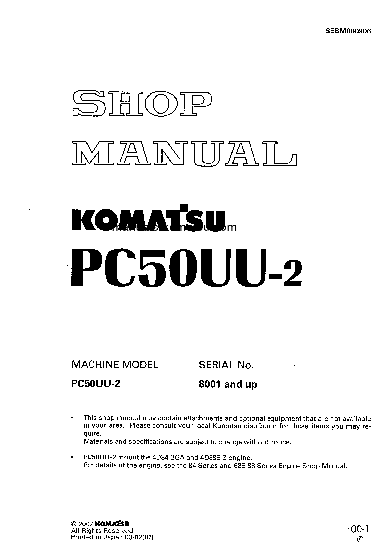 PC50UU-2(JPN) S/N 8001-UP Shop (repair) manual (English)