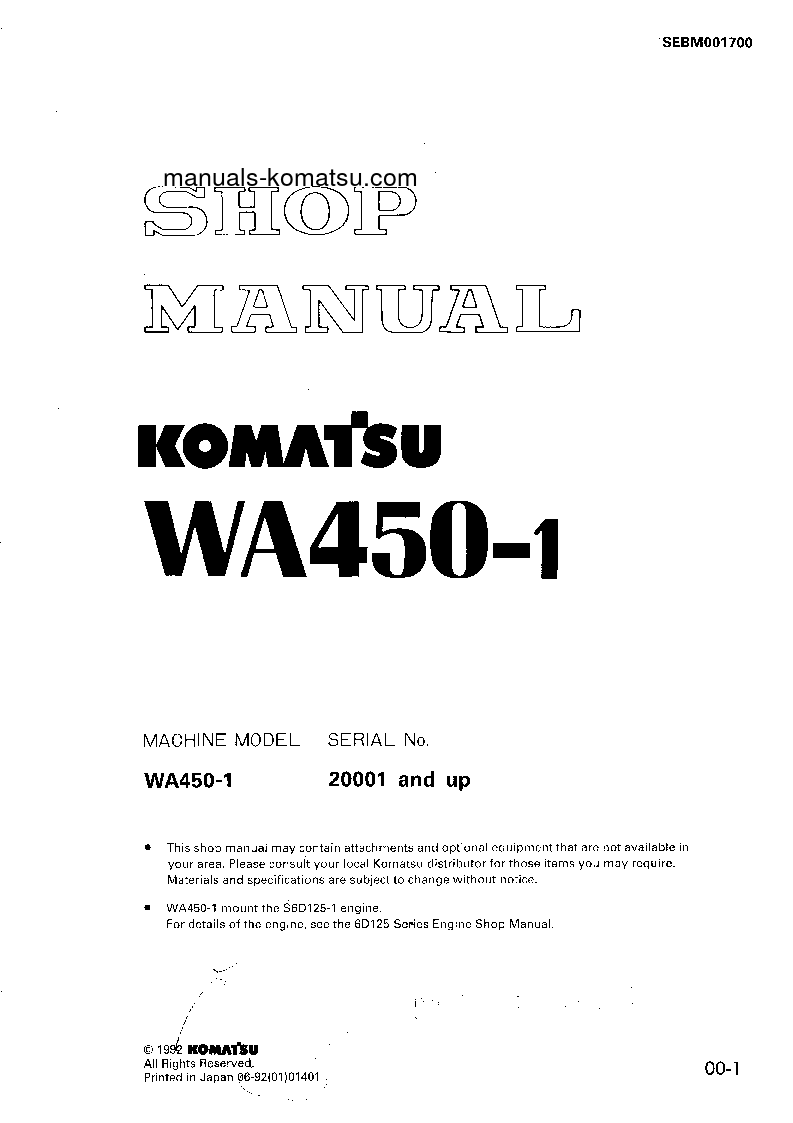 WA450-1(JPN) S/N 20001-UP Shop (repair) manual (English)