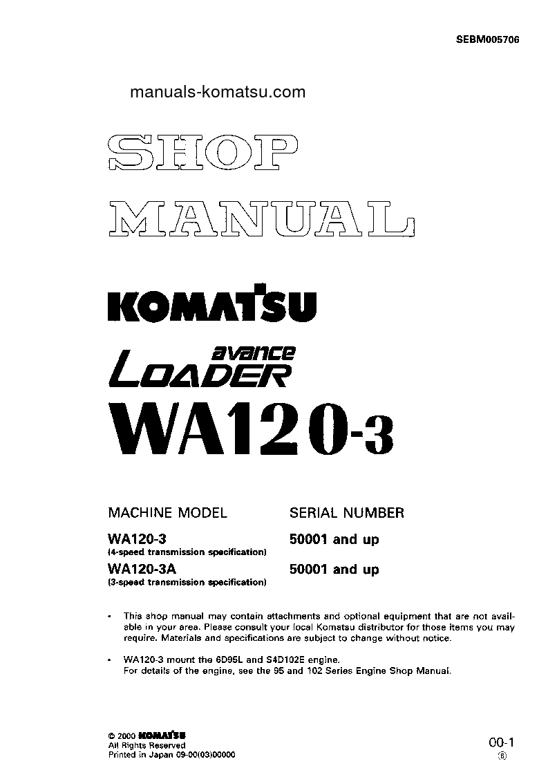 WA120-3(JPN)-3-SPEED T/MISSION S/N 50001-UP Shop (repair) manual (English)