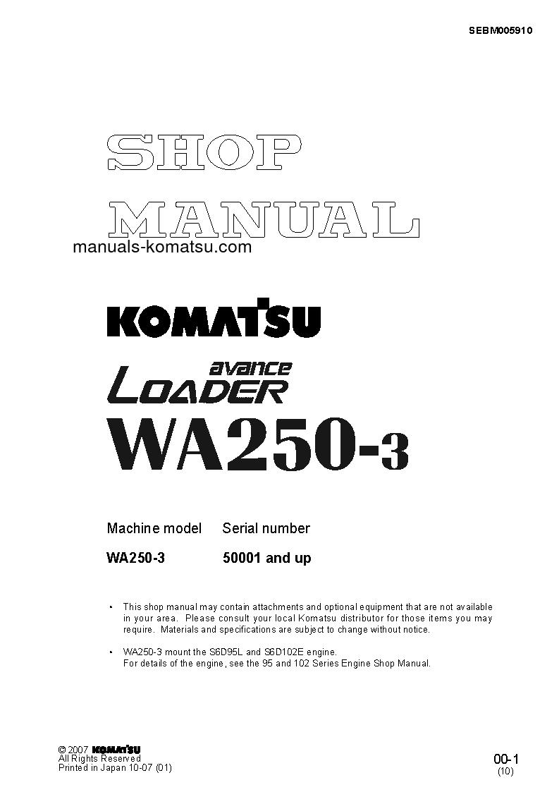 WA250-3(JPN) S/N 50001-UP Shop (repair) manual (English)