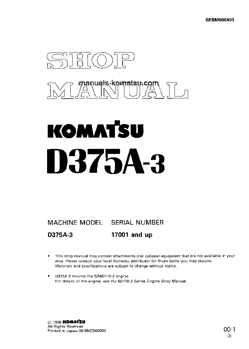 D375A-3(JPN)-6-TRACK ROLLER S/N 17001-UP Shop (repair) manual (English)