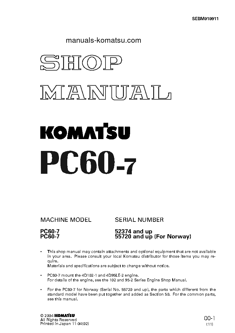 PC60-7(JPN)-W/ FRONT BLADE S/N 52374-UP Shop (repair) manual (English)