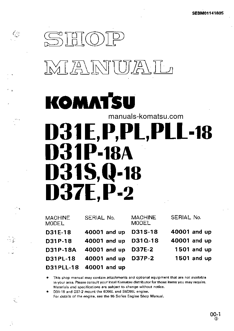 D31PL-18(JPN) S/N 40001-UP Shop (repair) manual (English)