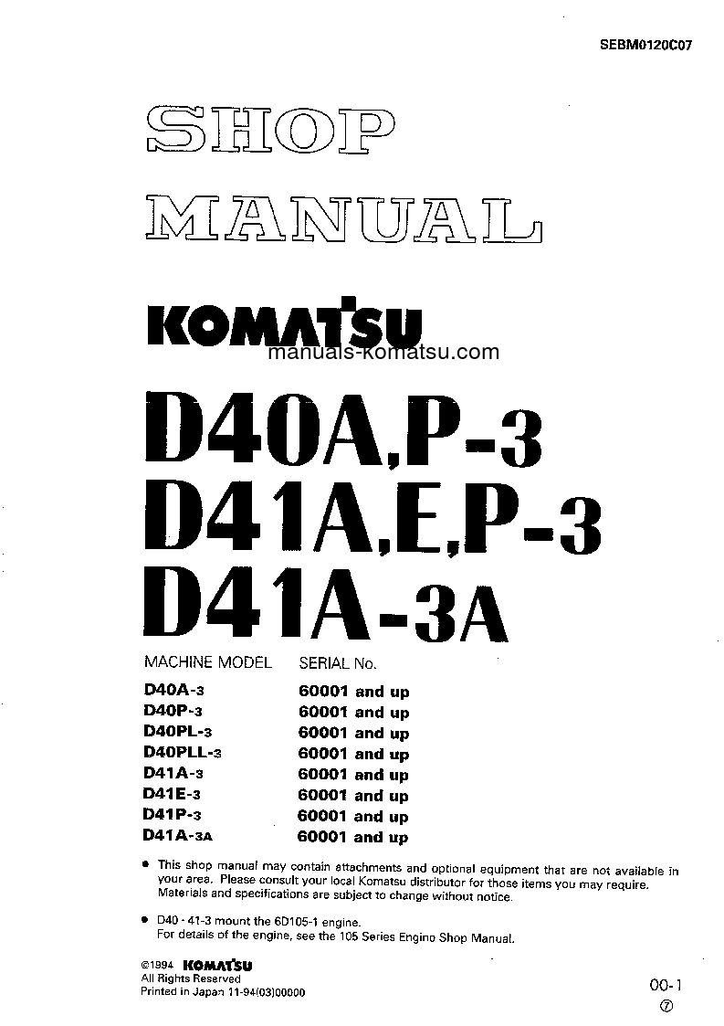 D41E-3(JPN)-FOR FRANCE, POWER ANGLE & TILT DOZER S/N 6001-UP Shop (repair) manual (English)