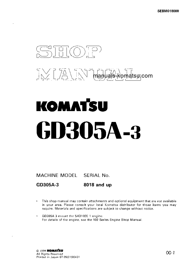 GD305A-3(JPN) S/N 8018-UP Shop (repair) manual (English)