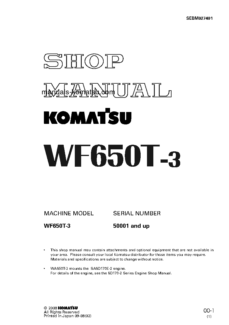 WF650T-3(JPN) S/N 50001-UP Shop (repair) manual (English)