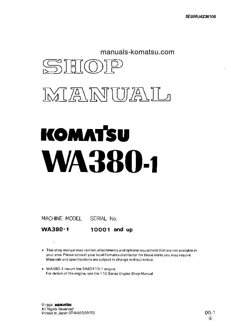 WA380-1(JPN) S/N 10001-UP Shop (repair) manual (English)