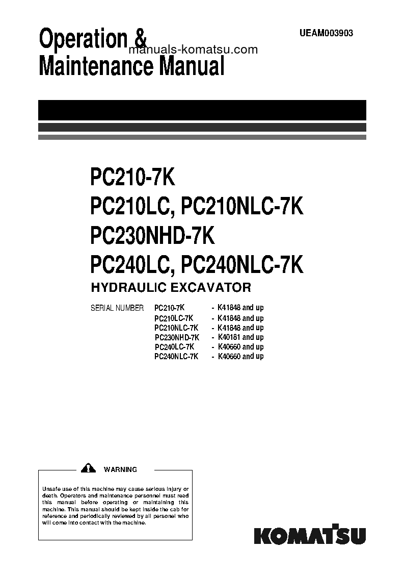 PC210NLC-7(GBR)-K S/N K41848-UP Operation manual (English)