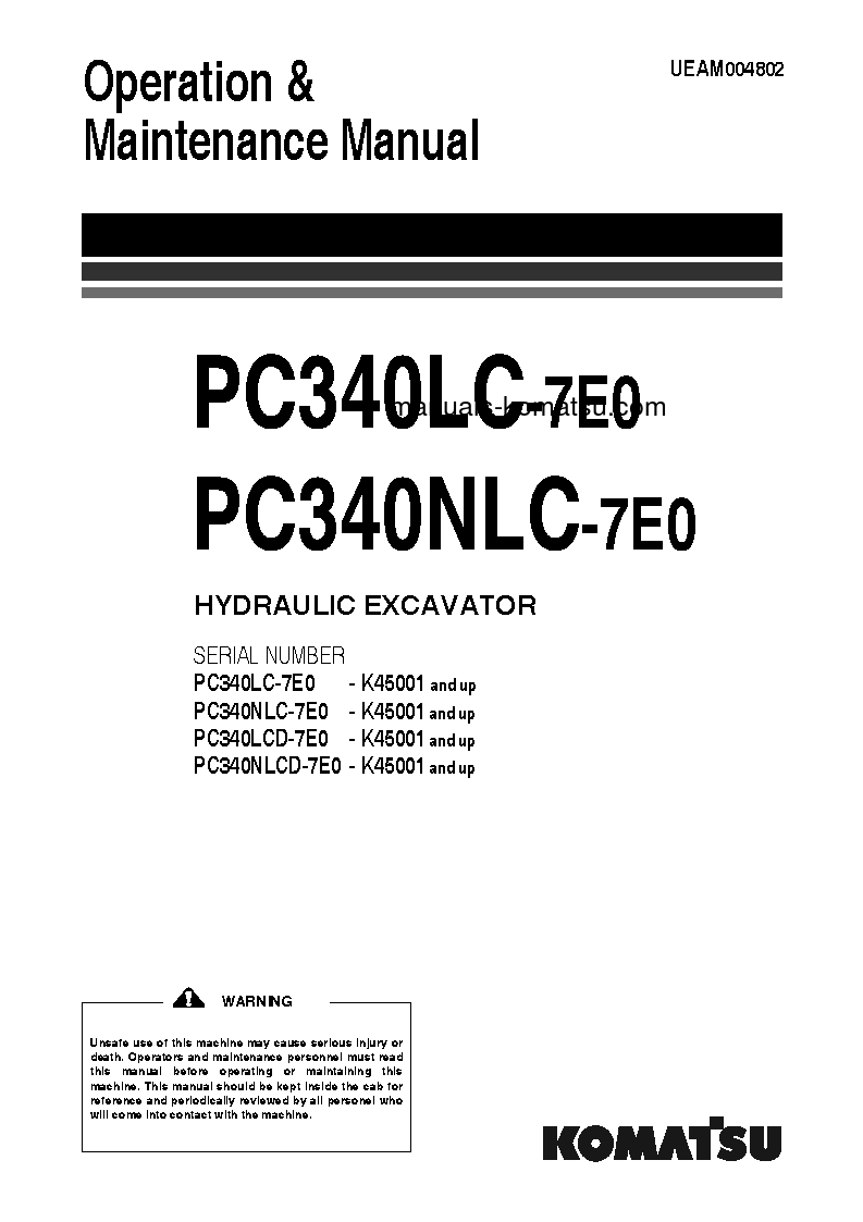 PC340LC-7(GBR)-TIER 3 S/N K45001-UP Operation manual (English)