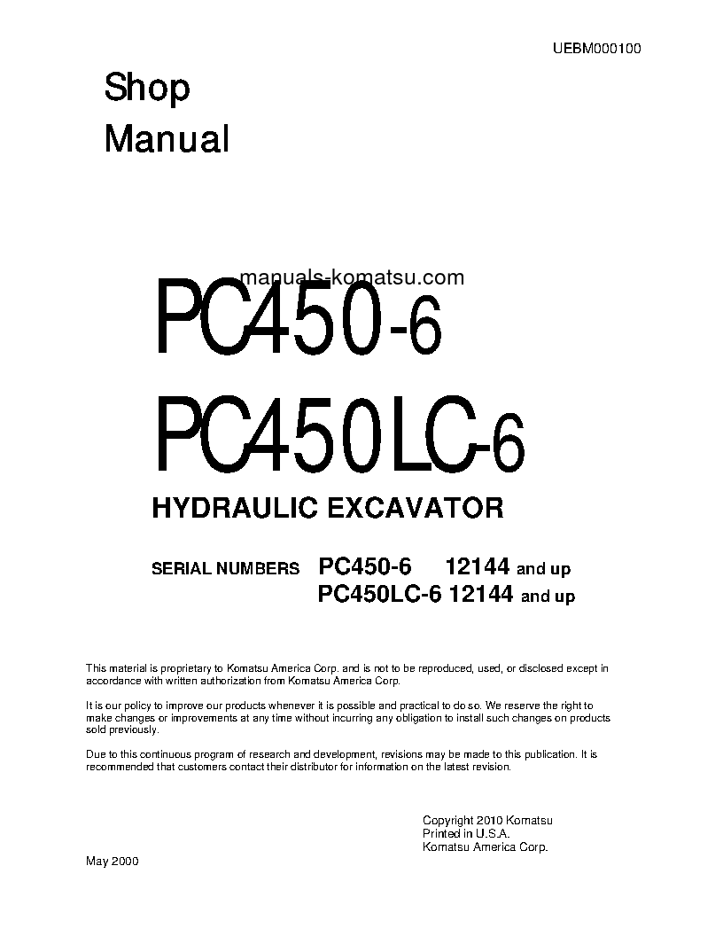 PC450LC-6(JPN) S/N 12144-UP Shop (repair) manual (English)