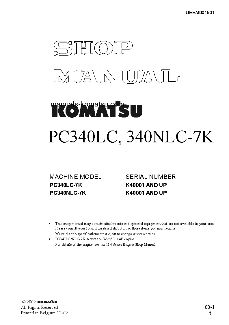 PC340NLC-7(GBR)-K S/N K40001-UP Shop (repair) manual (English)