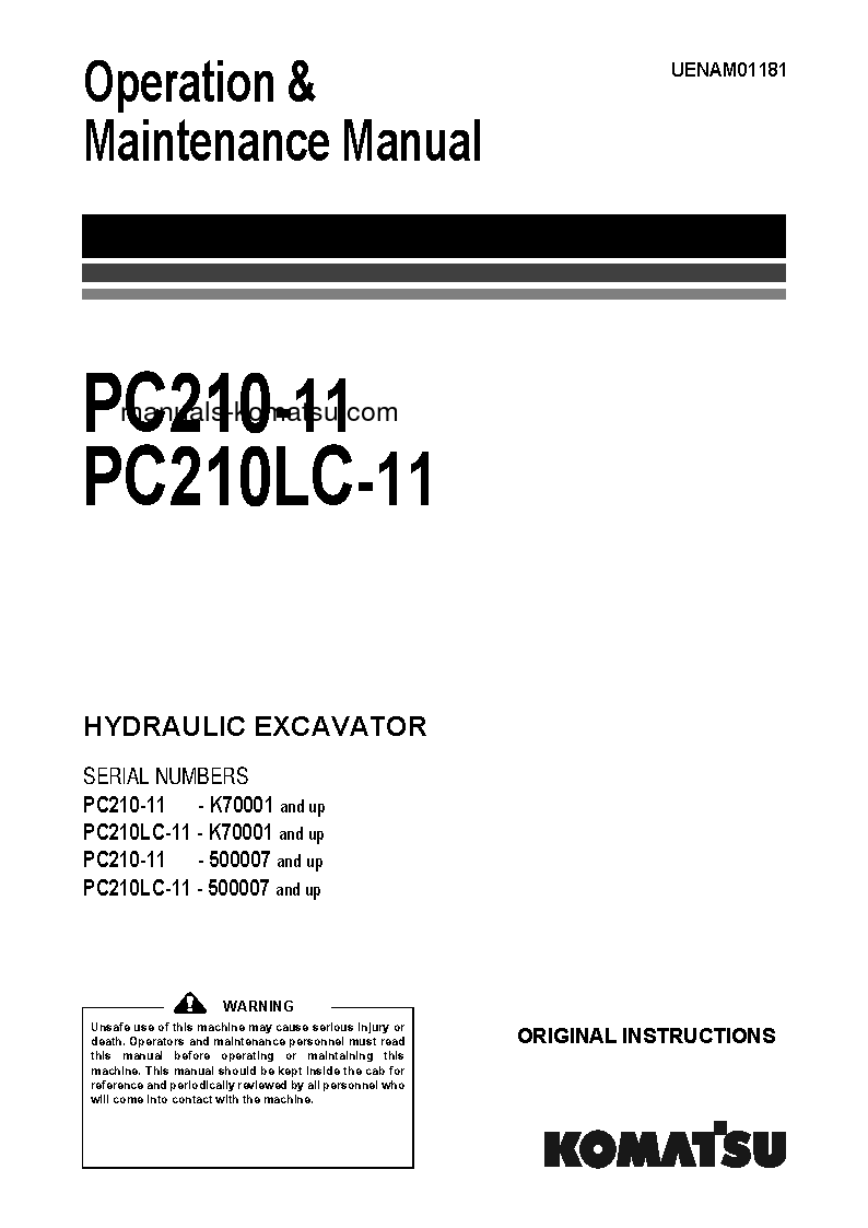 PC210LC-11(GBR) S/N K70001-UP Operation manual (English)
