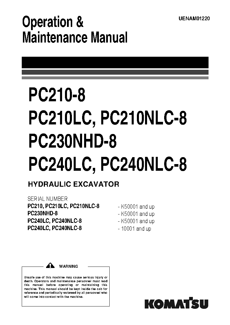 PC210NLC-8(GBR) S/N K50001-UP Operation manual (English)