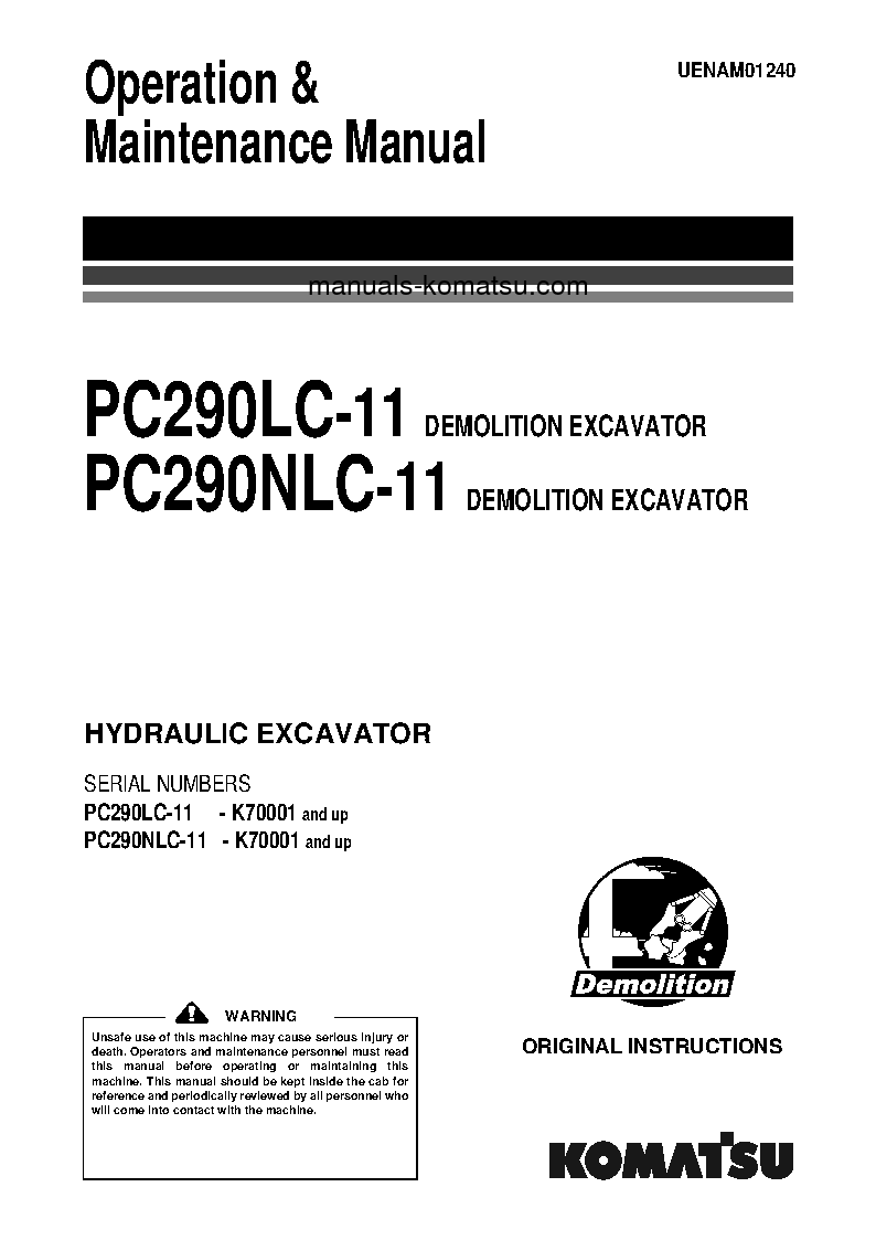 PC290LC-11(GBR)-DEMOLITION S/N K70001-UP Operation manual (English)