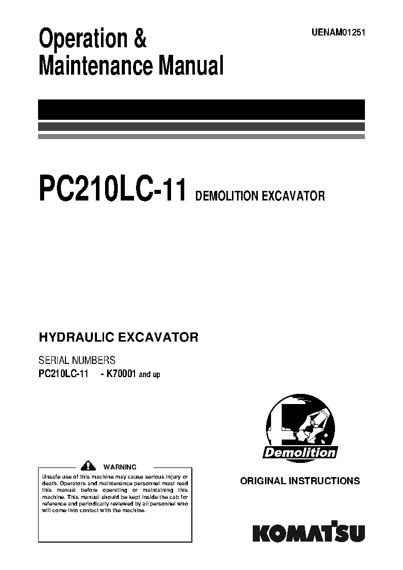 PC210LC-11(GBR)-DEMOLITION S/N K70001-UP Operation manual (English)