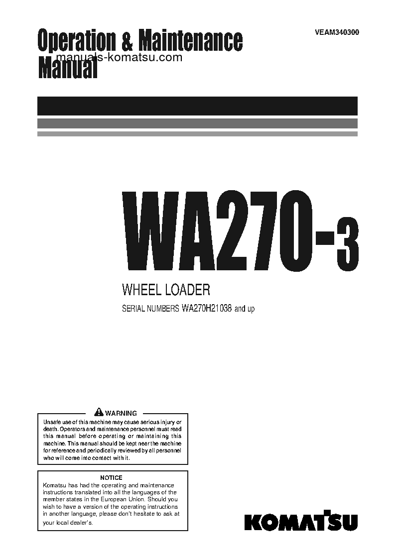 WA270-3(DEU) S/N WA270H21038-UP Operation manual (English)