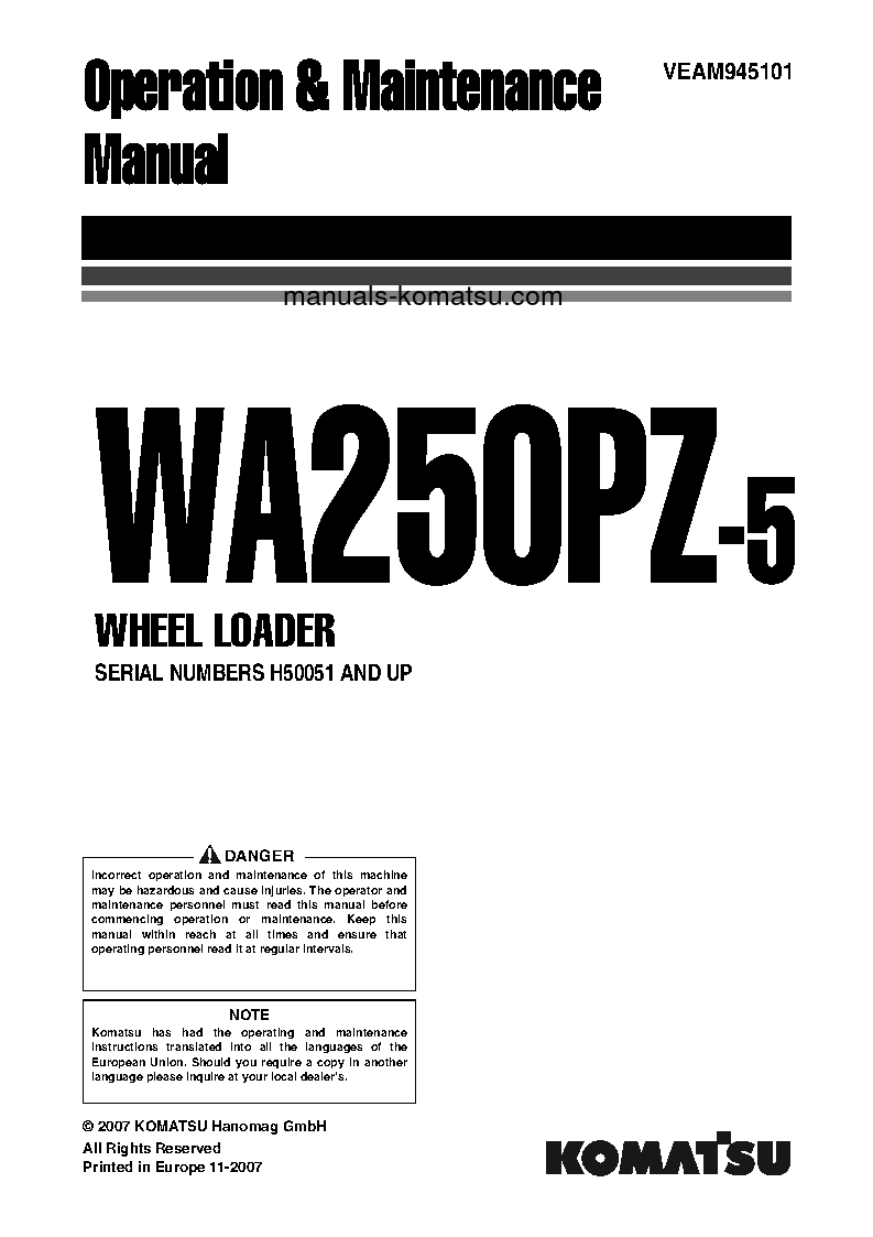 WA250PZ-5(DEU) S/N H50051-UP Operation manual (English)