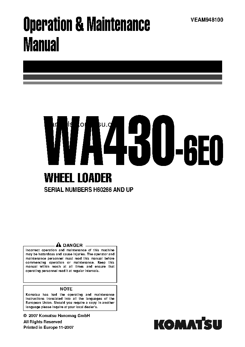 WA430-6(DEU) S/N H60266-UP Operation manual (English)