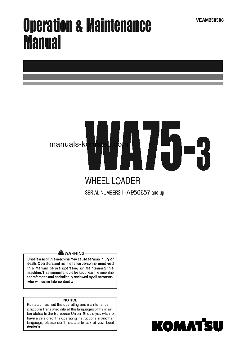 WA75-3(DEU) S/N HA950857-UP Operation manual (English)