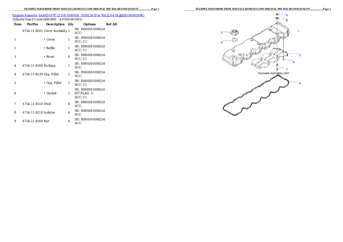 SAA6D107E-1J S/N H00059 - H00256 (For WA320-6 Highlift) Partsbook