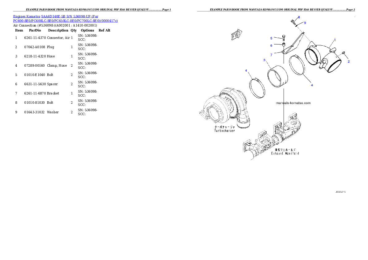 SAA6D140E-5B S/N 536098-UP (For PC600-8E0/PC600LC-8E0/PC650LC-8E0/PC700LC-8E0) Partsbook