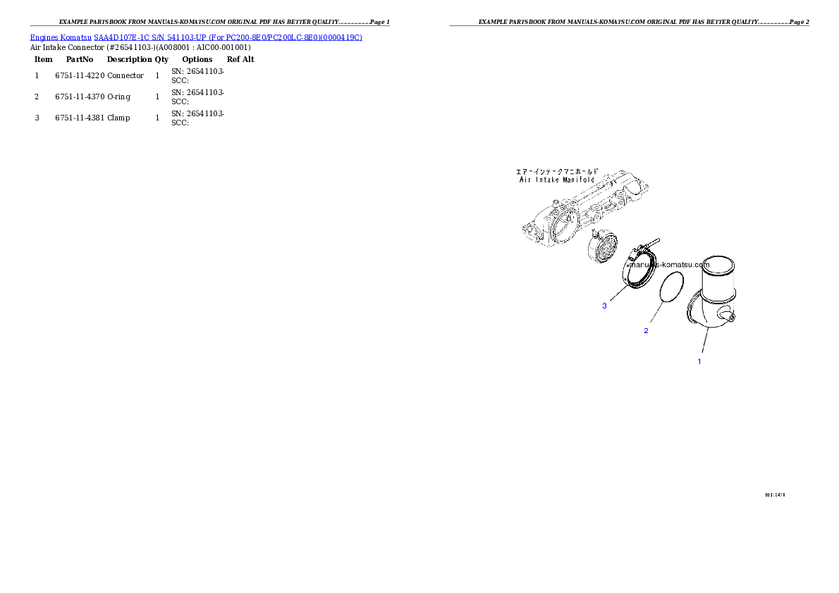 Protected: SAA4D107E-1C S/N 26541103-UP (For PC200-8E0/PC200LC-8E0) Partsbook
