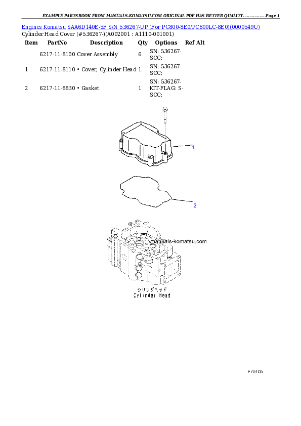 SAA6D140E-5F S/N 536267-UP (For PC800-8E0/PC800LC-8E0) Partsbook