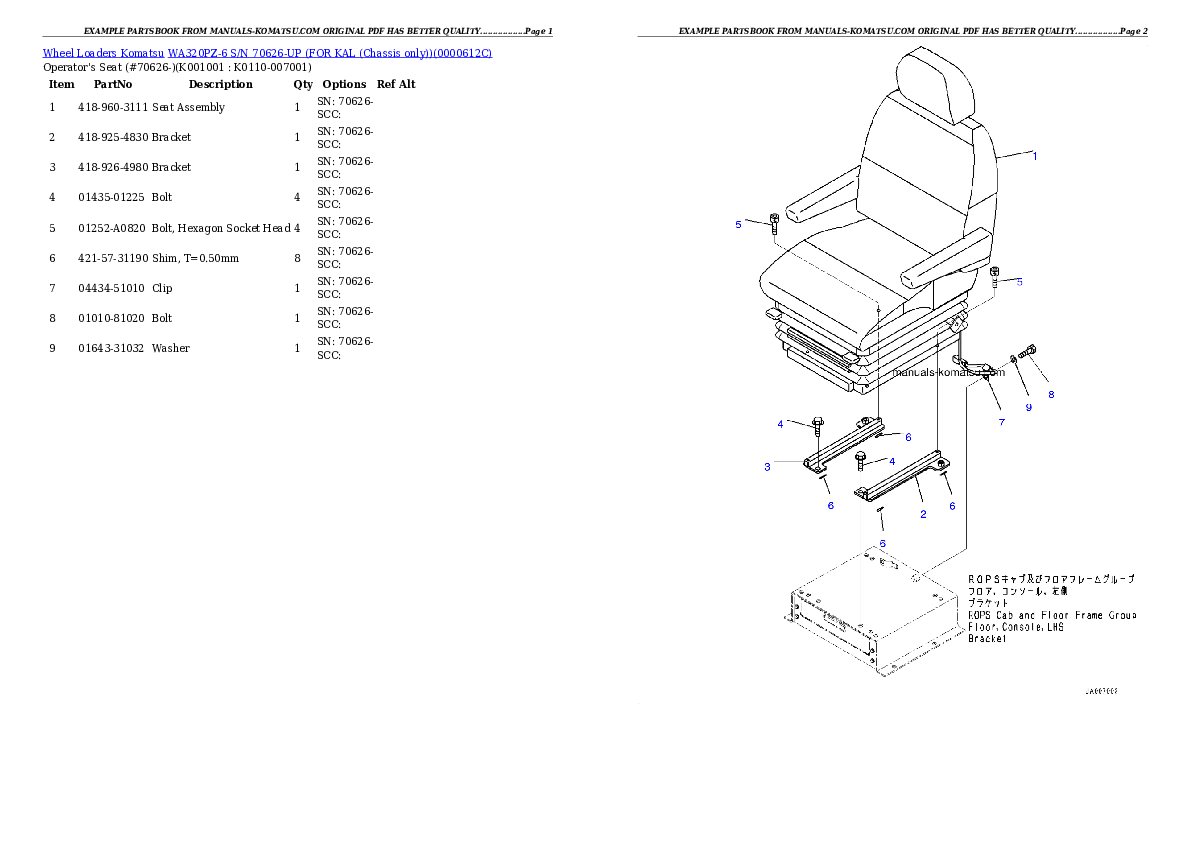 Protected: WA320PZ-6 S/N 70626-UP (FOR KAL (Chassis only)) Partsbook