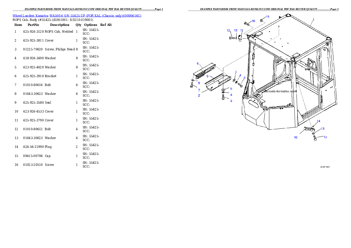 Protected: WA500-6 S/N 55425-UP (FOR KAL (Chassis only)) Partsbook